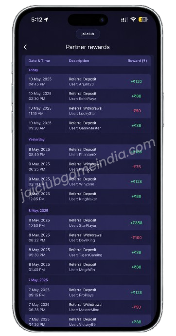 Jai Club Game India transaction history screen
