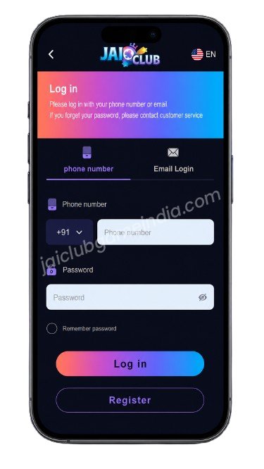 Jai Club Game India login screen on mobile