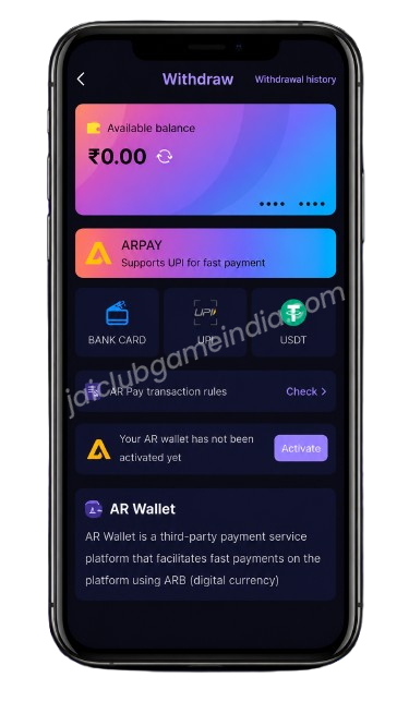 Jai Club withdrawal history screen on mobile